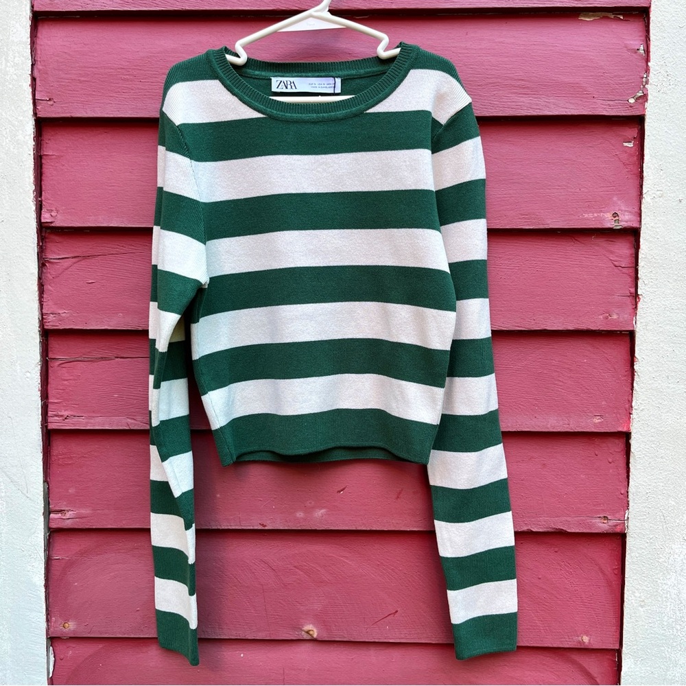 Zara Green and White Striped Crop Top